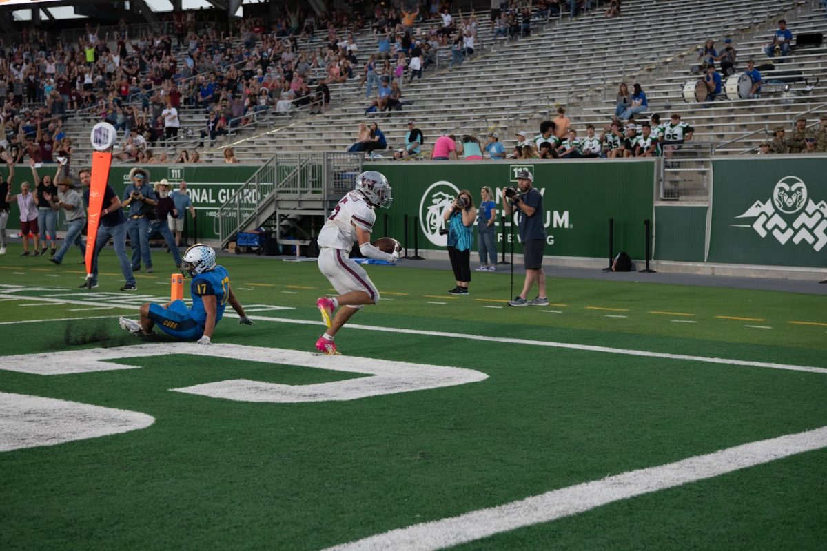 Wellington receiver Cash Altschwager catches the touchdown that brought the Eagles within one point in the fourth quarter during the Canvas Classic local high school football rivalry games on Friday, Sept. 27, 2024 at Canvas Stadium in Fort Collins, Colo.