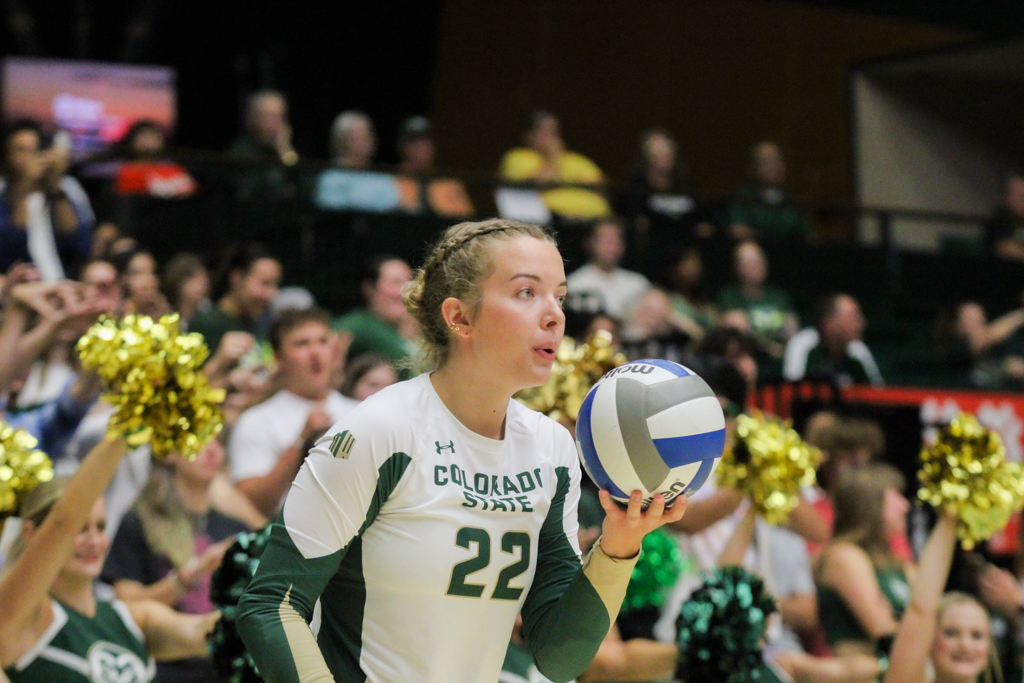 Colorado State's Delany Mcintosh (22) takes a deep breath before serving the ball to the University of Colorado Sept. 19.
