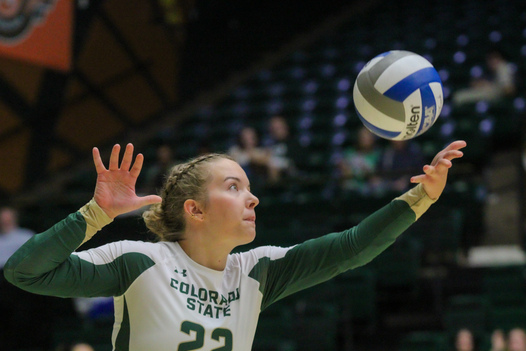 Colorado State defensive specialist Delaney Mcintosh (22) stays focused as she sets the ball to the University of Colorado Sept. 19.