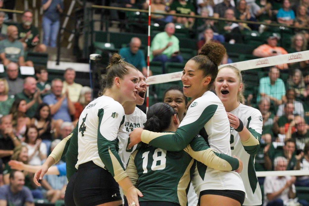 The Colorado State volleyball team celebrates scoring a point against the University of Colorado Sept. 19.