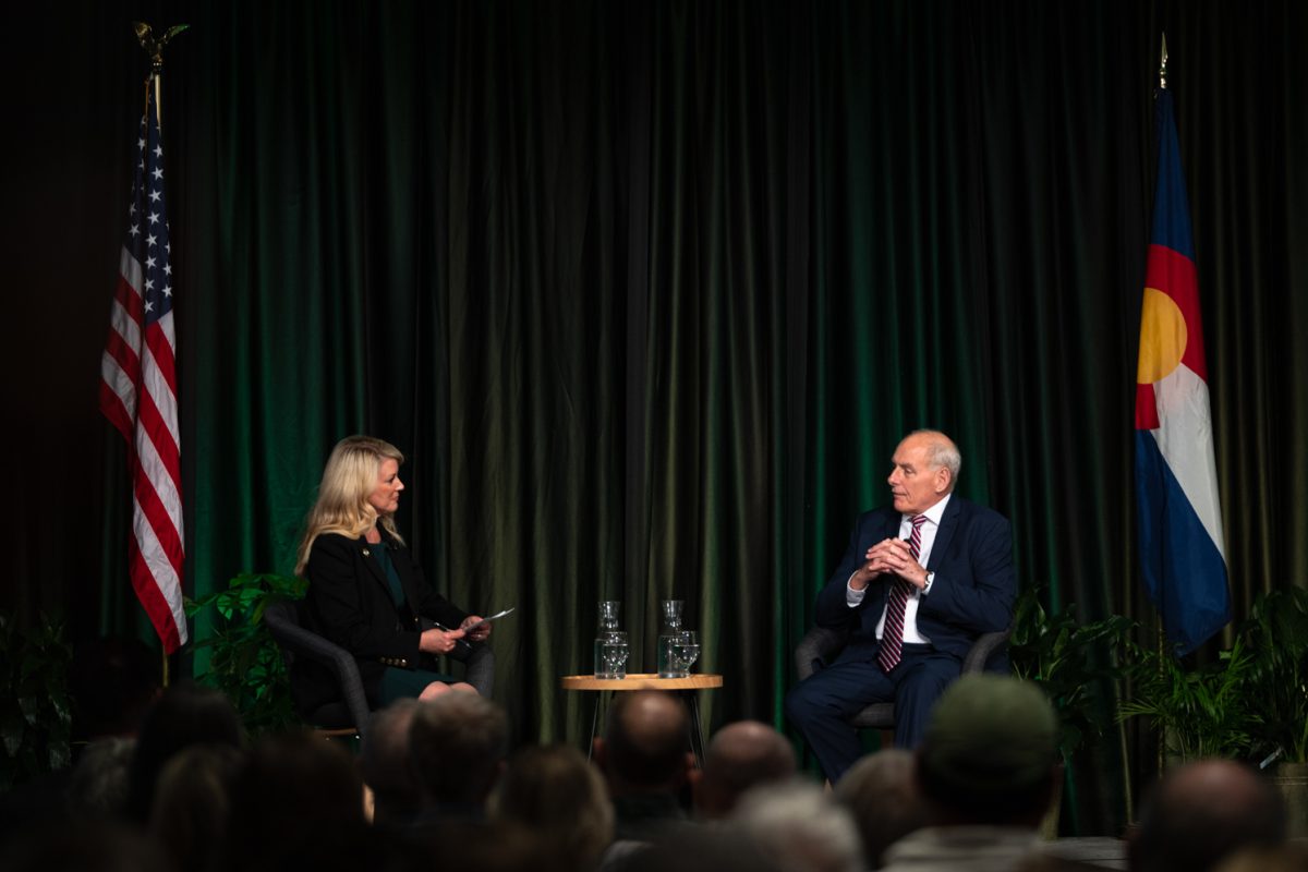 Former White House Chief of Staff and Secretary of Homeland Security John F. Kelly speaks with Colorado State University President Amy Parsons Sept. 6. “When someone says, ‘Is so and so qualified to be president of the United States?’ the answer is no,” Kelly said. “No one is.” Upon further elaboration, Kelly posed the question of what makes for a successful president. “The answer to that is the same thing makes for a successful president from a university, an admiral, a general, a governor — and that is you surround yourself with good people who are not afraid to tell you the truth and who you'll listen to.”