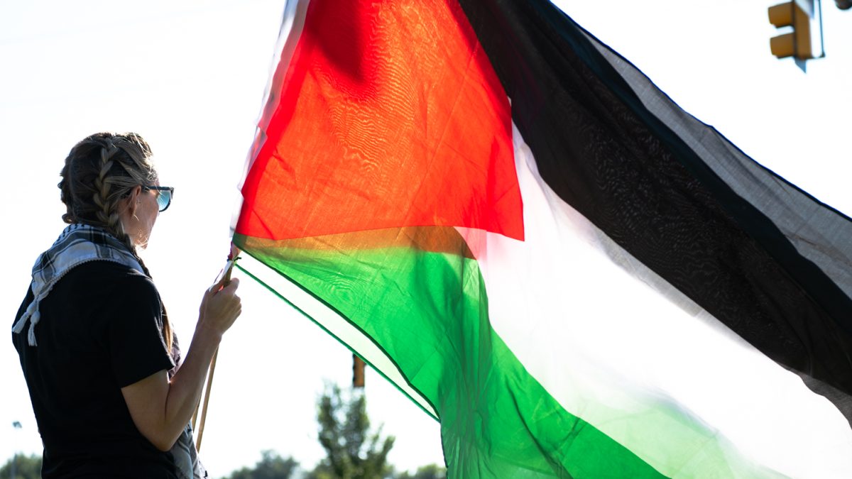 A woman facing away from the camera wearing sunglasses, a black t-shirt, and braids holds a Red, Green, White, and Black Palestine flag.