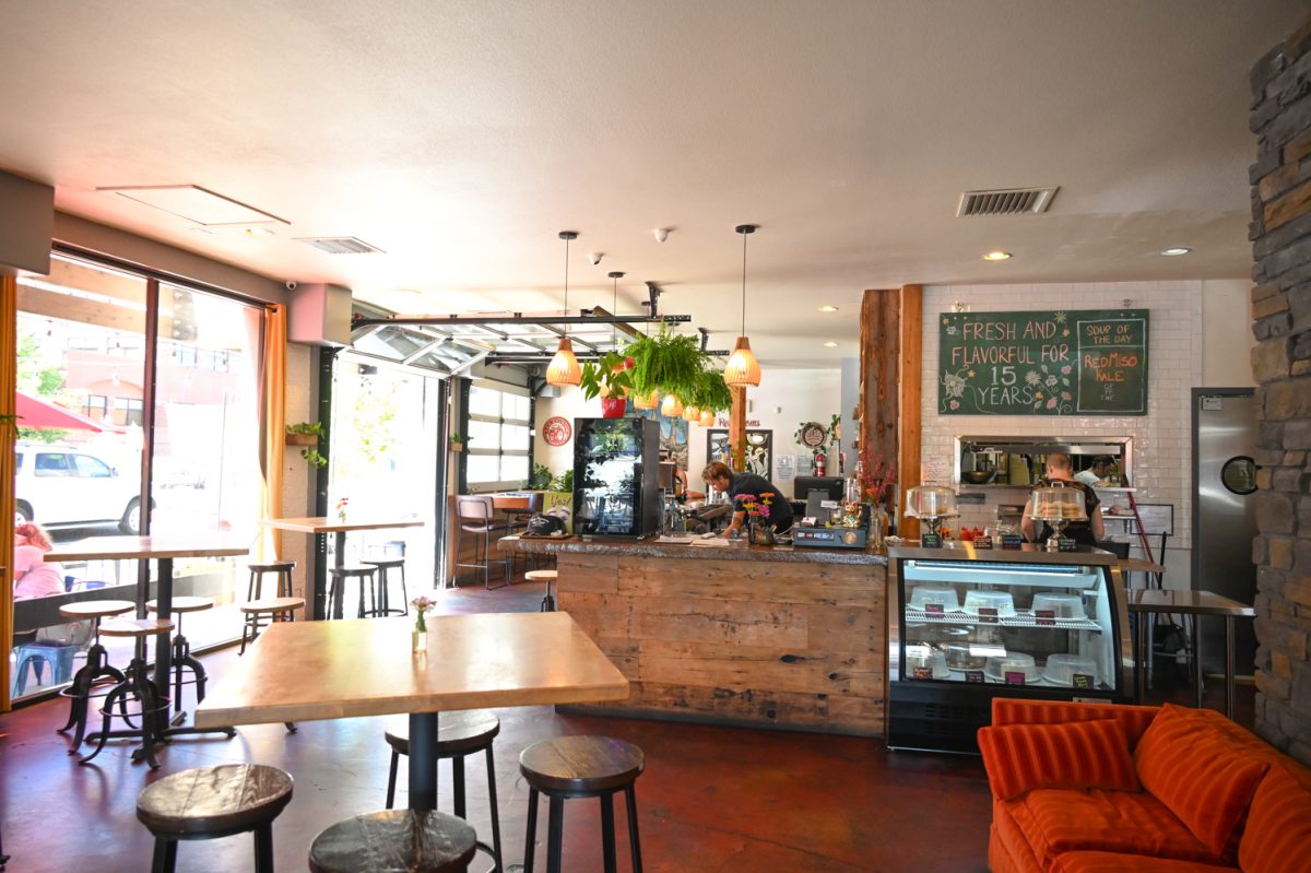 the Inside and bar area of Tasty Harmony in Fort Collins Colorado. The bar serves coffee, tea, and kombucha during the day. During the night Tasty harmony has a wide selection of specialty drinks and beer on tap. (Sept. 6, 2024)