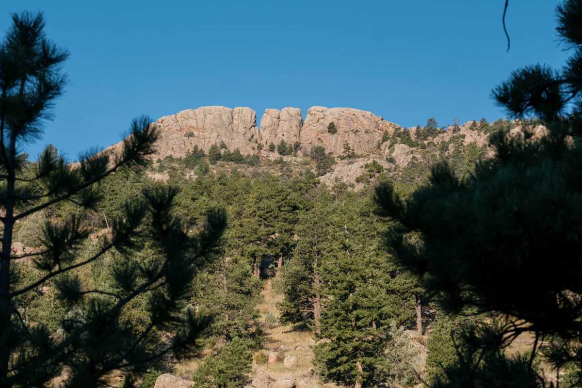 A rock formation covered with green trees and vegetation at the base.