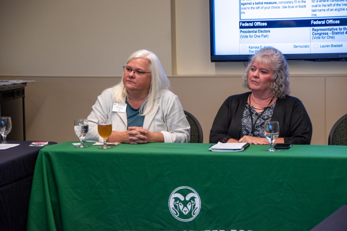 woman with white hair next to woman with grey hair in front of a tv and sitting behind green table cloth.