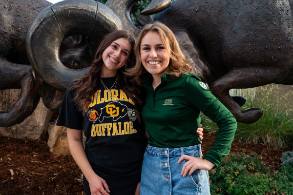 Editor in Chief of the Colorado University Independent Jessi Sachs and Editor in Chief of the Rocky Mountain Collegian Allie Seibel pose for a photo outside Canvas Stadium at Colorado State University Sept. 10. 