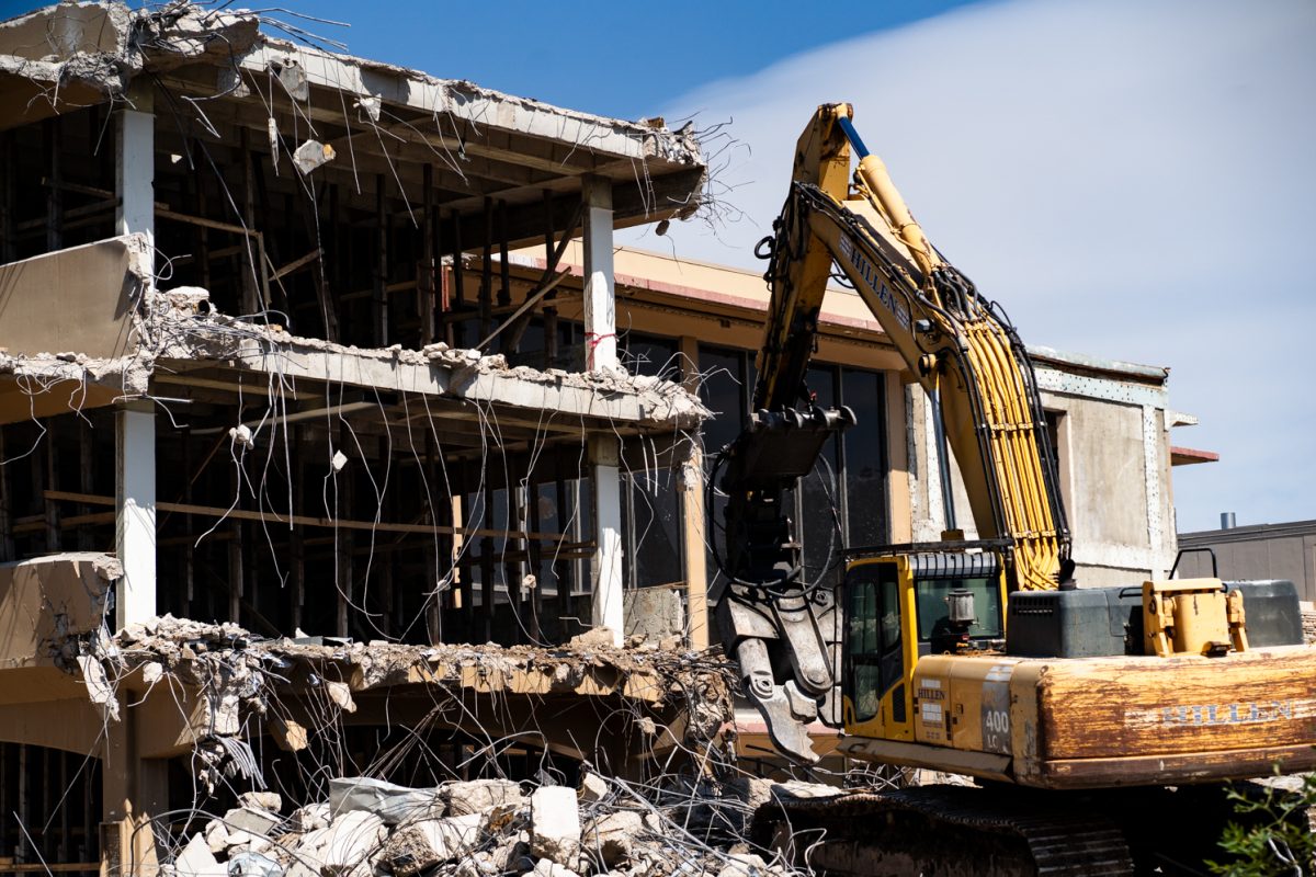 Demolition of the Andrew G. Clark Building progresses Sept. 12. The renovations, set to be complete by 2027, have seen the removal of the B wing of Clark. 