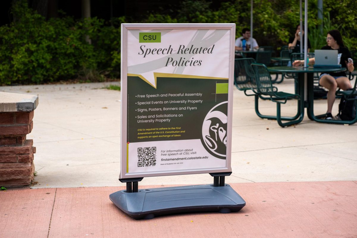 Signs on The Plaza explaining Colorado State University's free speech policies on Sept. 11. CSU's free speech policies allow free expression and peaceful assembly on The Plaza. 