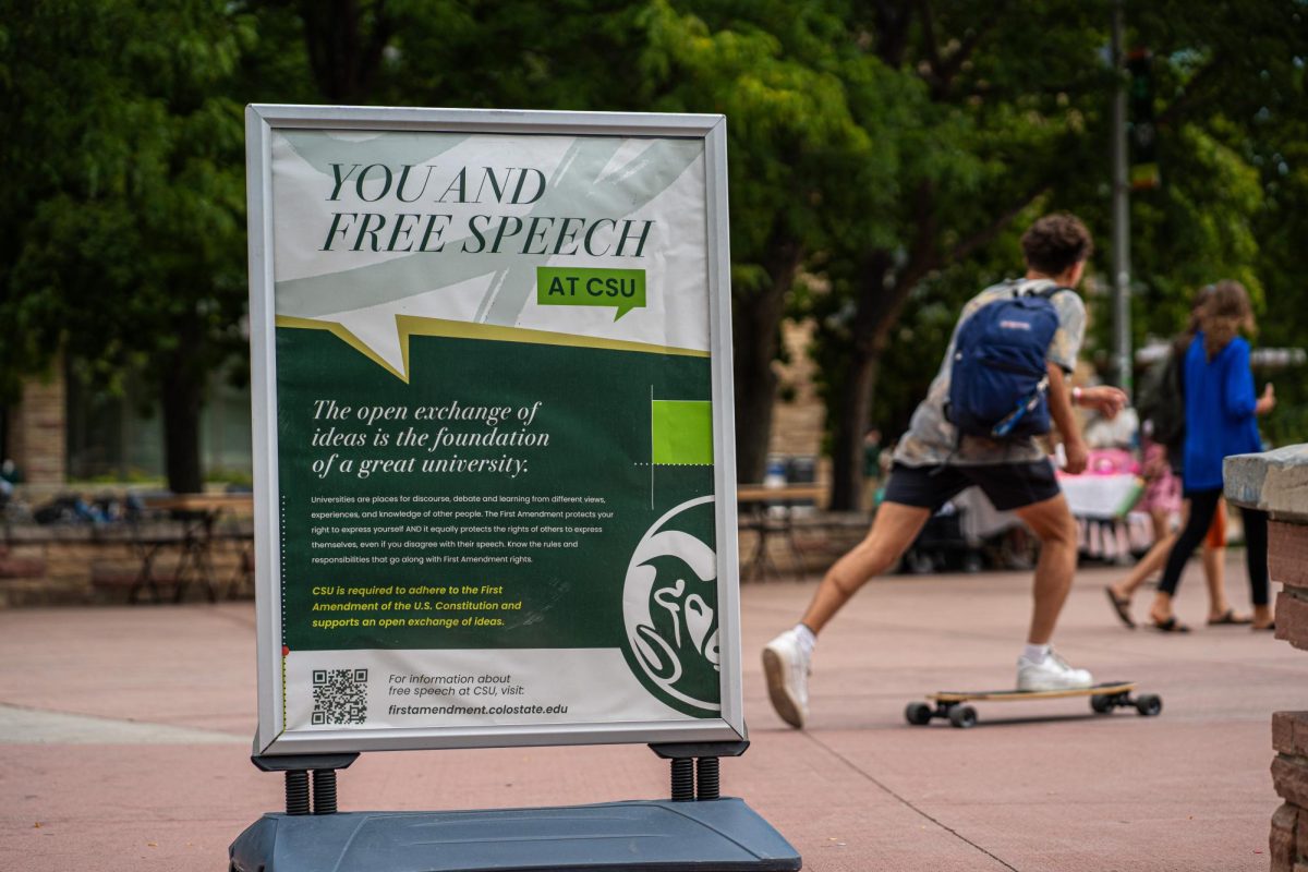 A sign reading, you and free speech at csu, with several paragraphs of smaller text, standing outside with people walking and skateboarding by in the background.