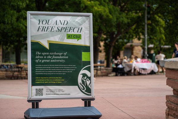 A sign that reads "You and Free Speech" is situated left of the image, and it is located in front of a couple of tables on The Plaza.