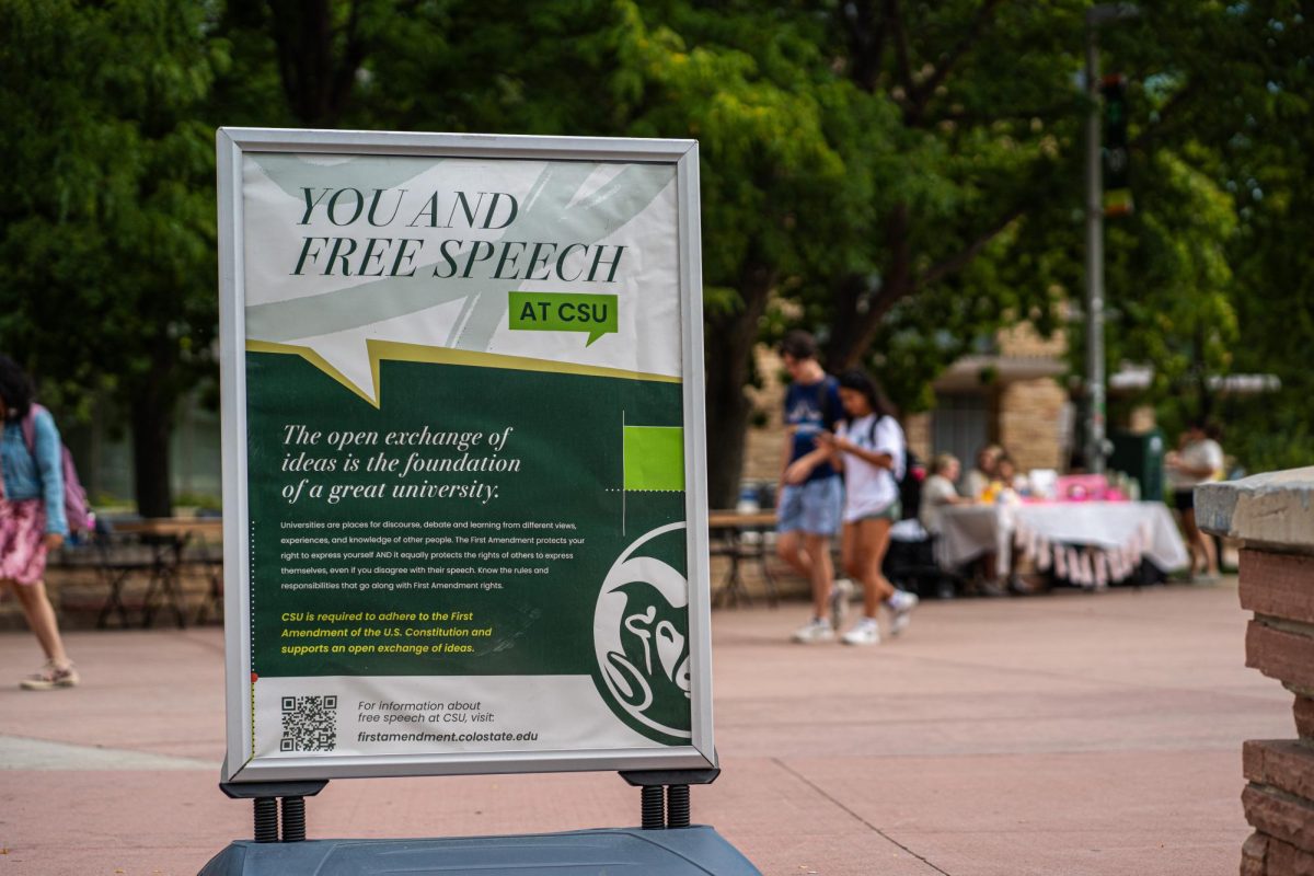 Signs on The Plaza explaining Colorado State University's free speech policies on Sept. 11. CSU's free speech policies allow free expression and peaceful assembly on The Plaza. 