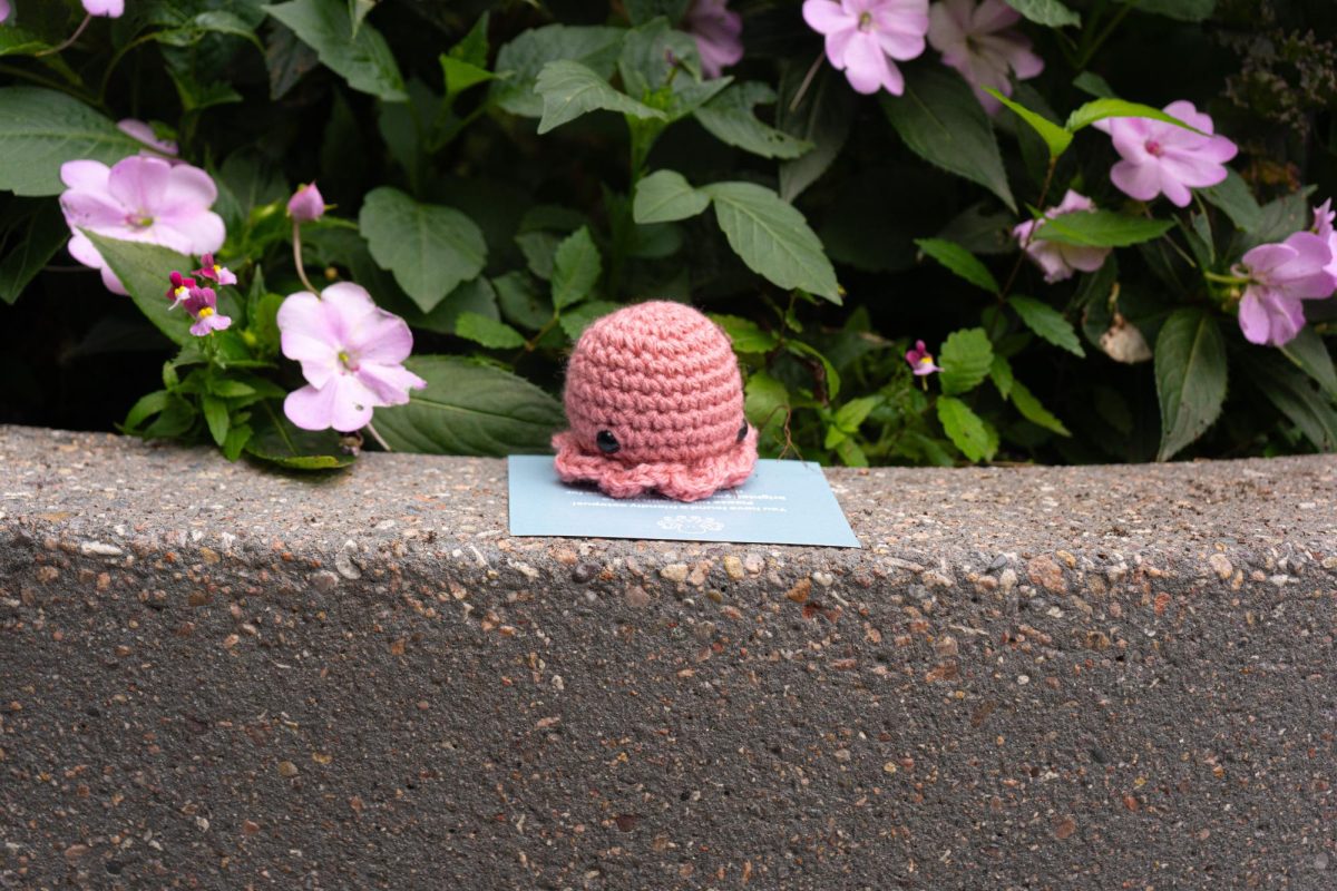 A small pink crocheted octopi from Octopi of CSU sits waiting to be found in a flowerbed near the Administration Building on The Oval Sept. 17. All octopi from Octopi of CSU are posted on the group's Instagram page for finders to discover and keep. 