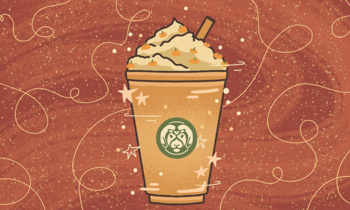 Burnt orange background with a pumpkin spice latte with whipped cream in the middle with the CSU logo on the cup.