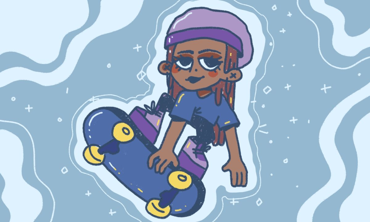 Illustration of a blue background with a woman wearing a purple beanie, blue shirt and purple shoes, riding a blue skateboard with yellow wheels.