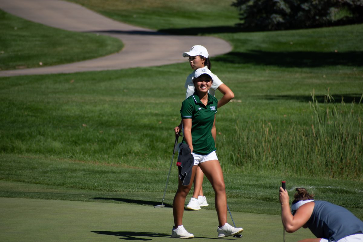 A golfer in a green shirt, a white hat, white shorts and white shoes stands on a patch of short grass with her putter in her left hand and a black towel in her right hand.