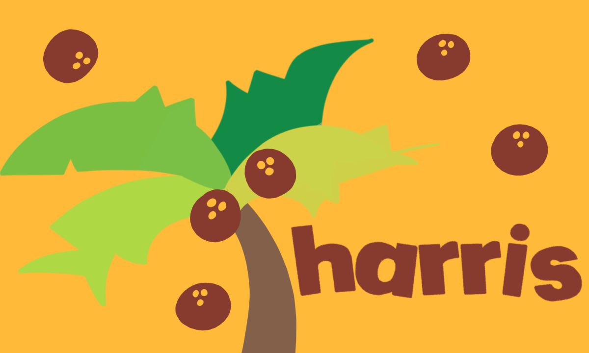 A yellow background with a palm tree in the foreground and six coconuts falling out of it. To the right of the image is the word "harris" in a redish-brown, bold font.