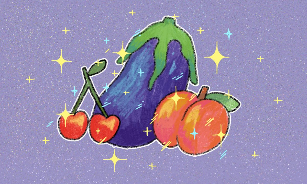 A purple backdrop with a cherry, an eggplant and a peach centered in the foreground, surrounded by yellow stars.