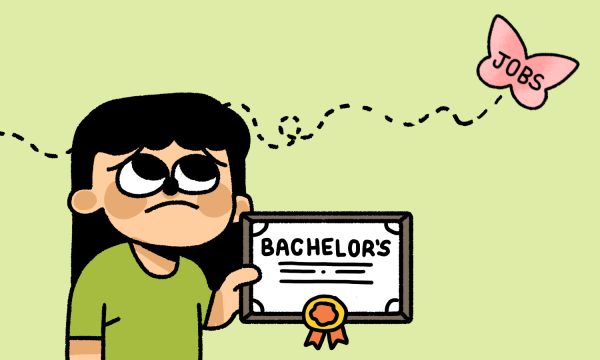 Illustration of a light green background with a woman holding a bachelor's degree and a butterfly flying past her head that says "JOBS."