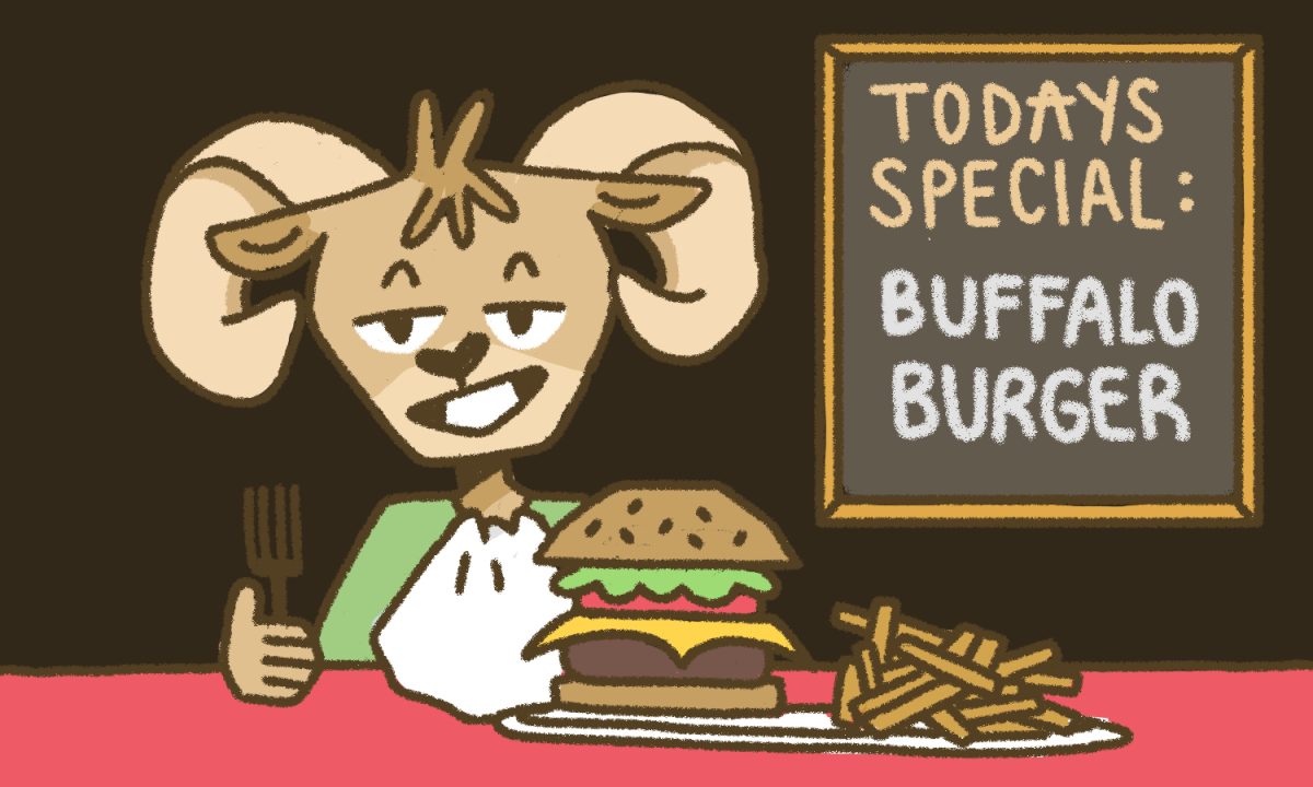 An illustration of an anthropomorphic ram about to eat a burger and fries next to a sign reading, Today's special: Buffalo burger.