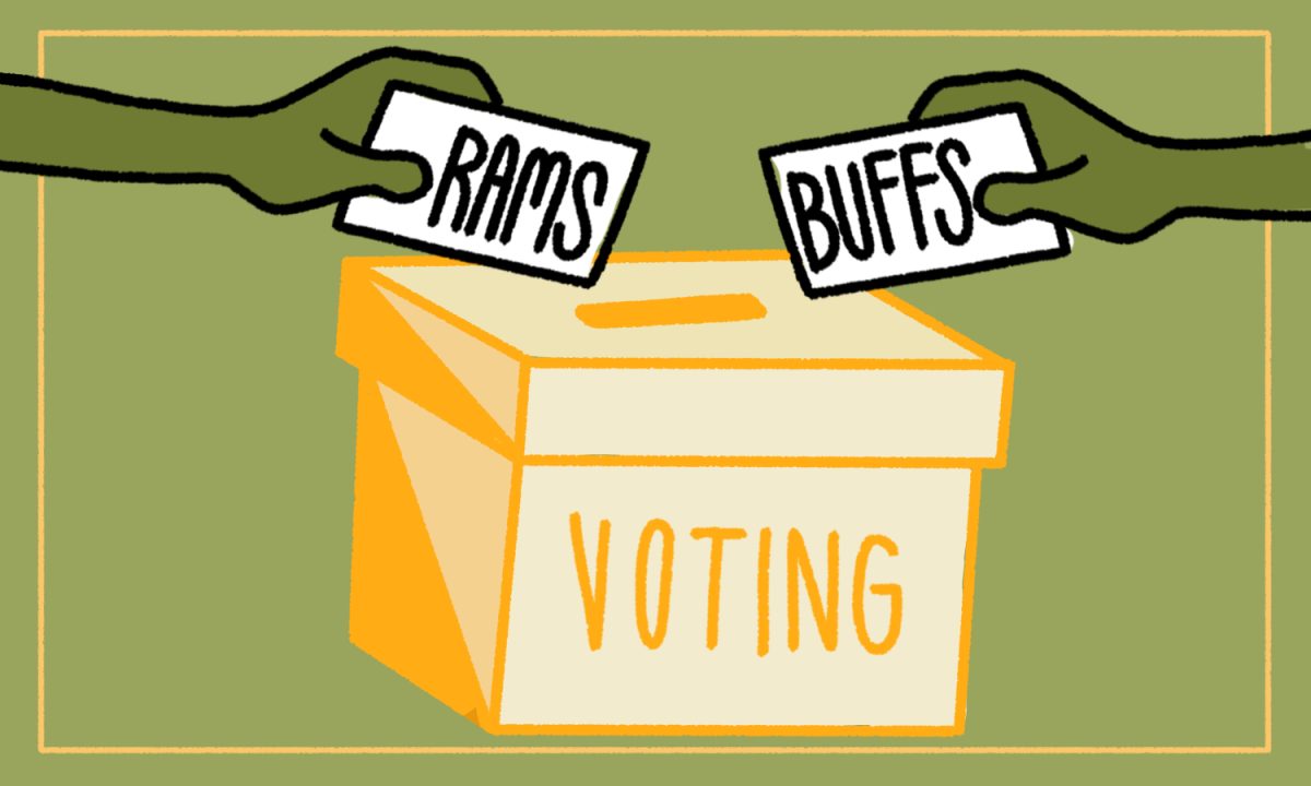 An illustration of a yellow ballot box in front of a green background with two darker green hands on either side, one dropping in a ticket that reads "Rams" and the other with a ticket that reads "Buffs."