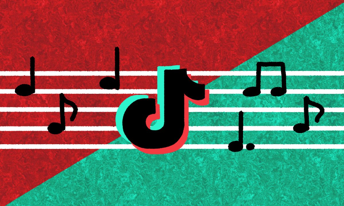 A diagonally split background filled in half red and half blue, with the TikTok logo in the center, surrounded by white lines and music notes.