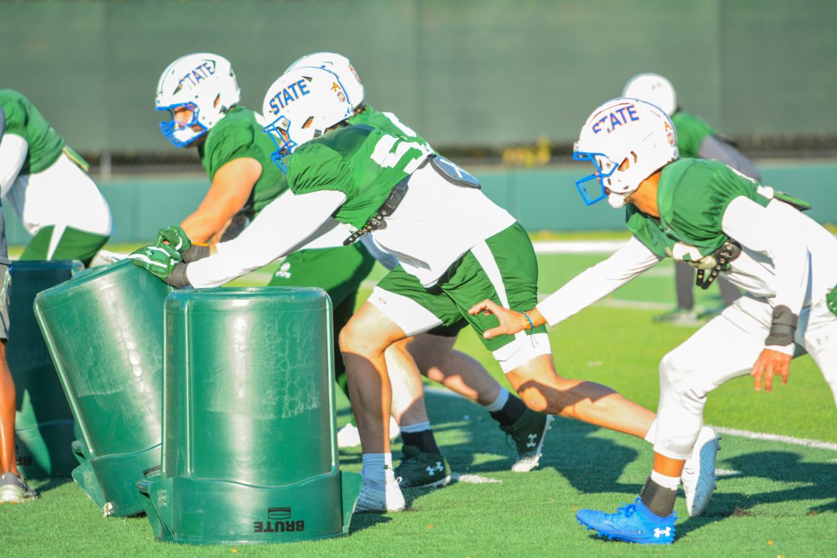 CSU linebackers practicing a play during morning practice. 