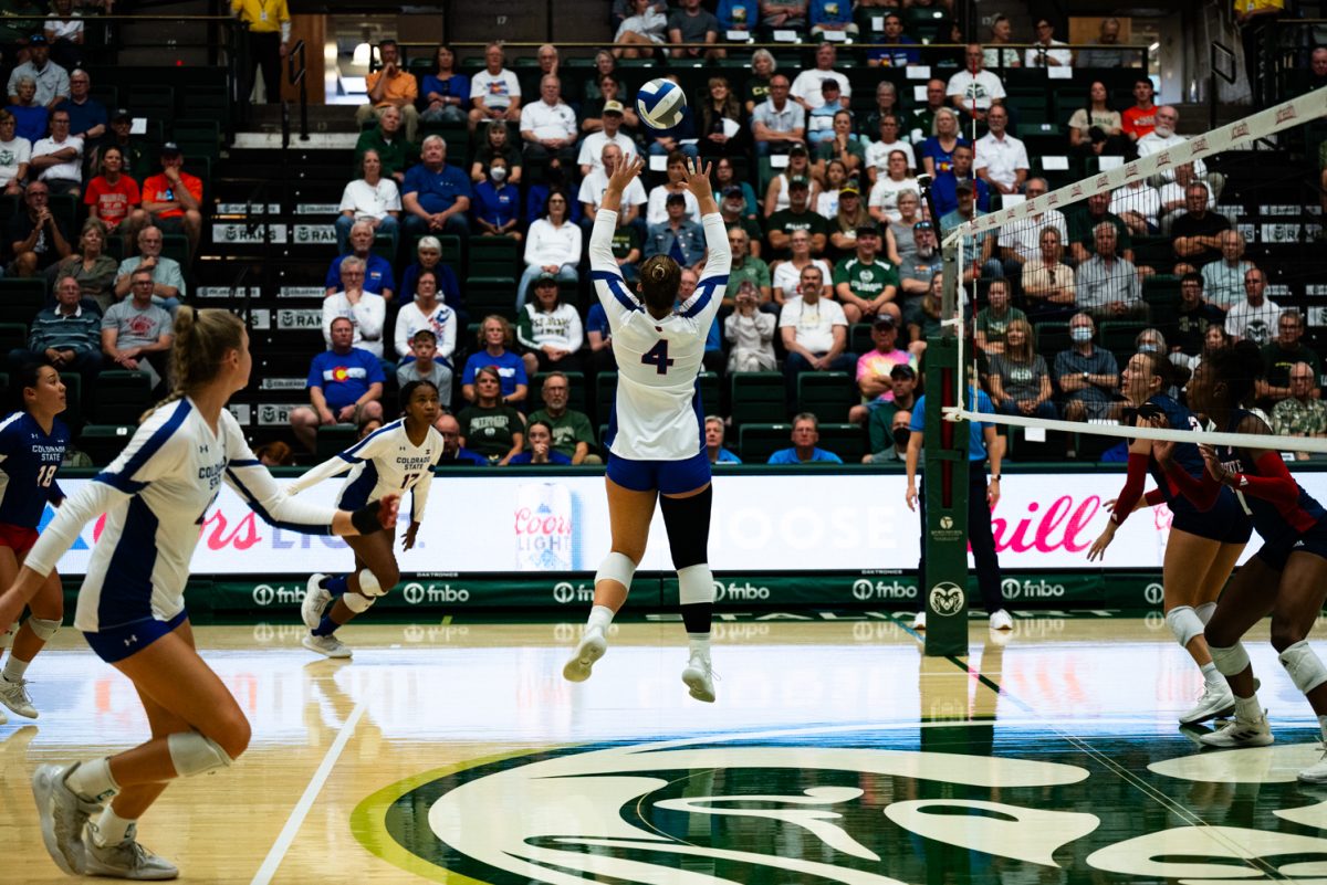 A volleyball player in white and blue jumps with her hands in the hair to hit a volleyball.