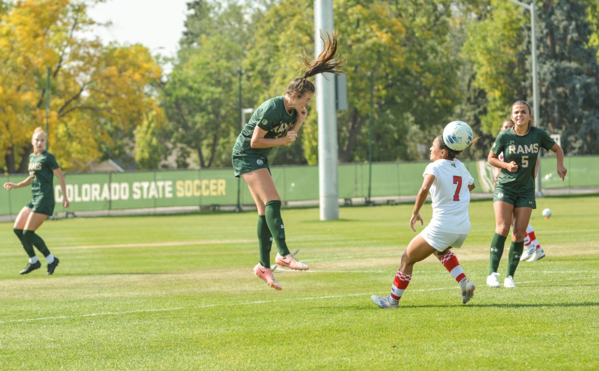 A soccer player hitting the ball with her head