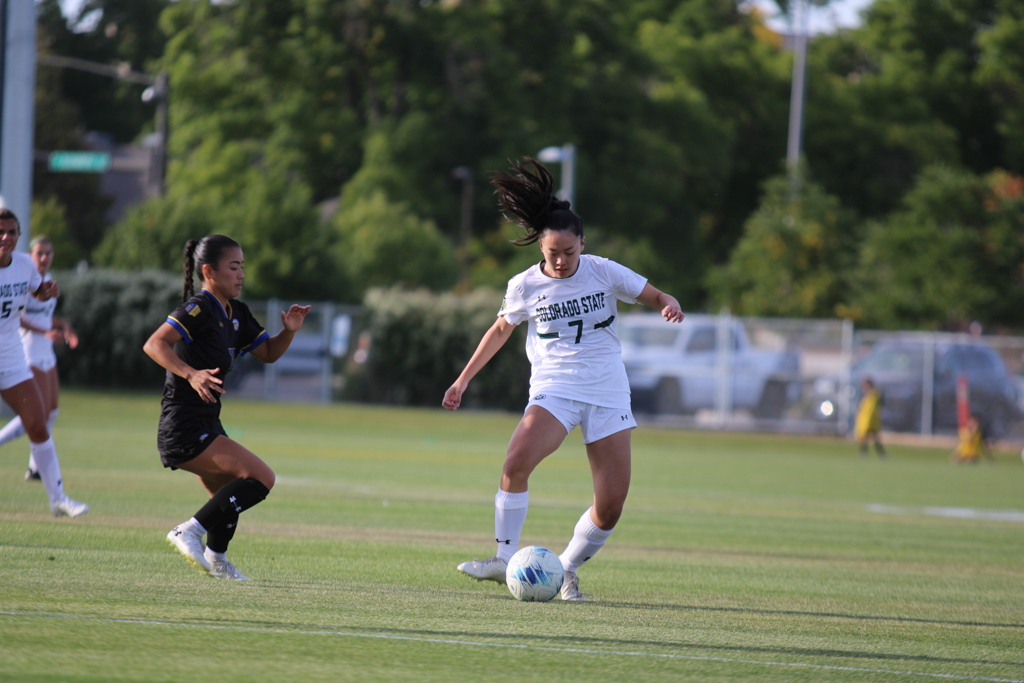 Ali Yoshida (7), a Colorado State mid-fielder, juggles the ball around a member of San Jose State's team Oct. 3.