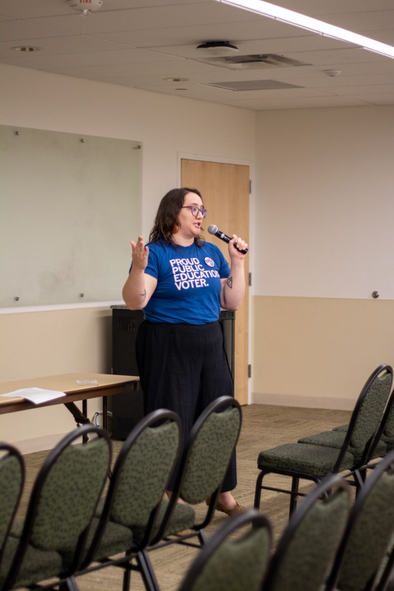A person standing at the front of a room talking into a microphone.