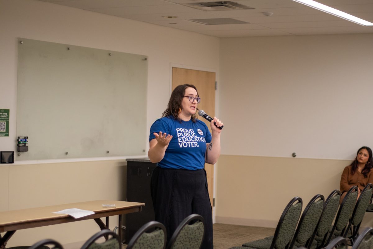 A person standing at the front of a room talking into a microphone.