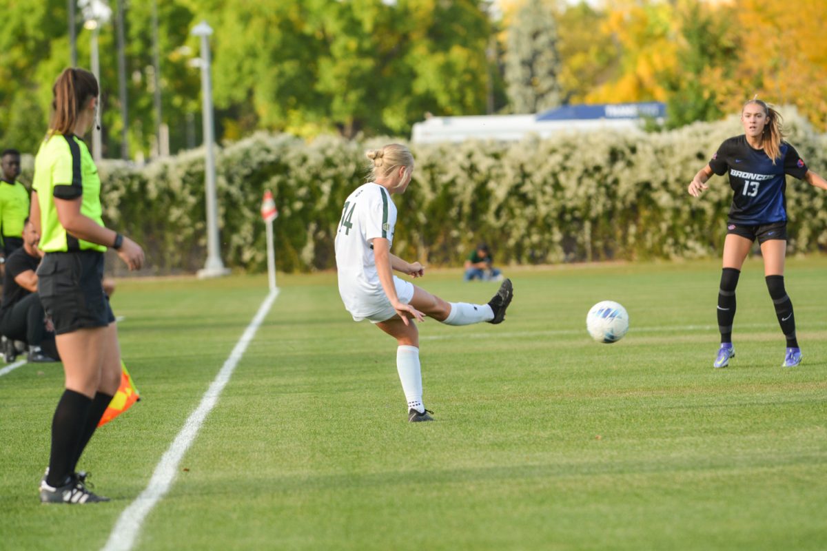 Katy Coffin (#14) kicking the ball to her teammate Oct. 10. Colorado State University ties with Boise State 1-1.