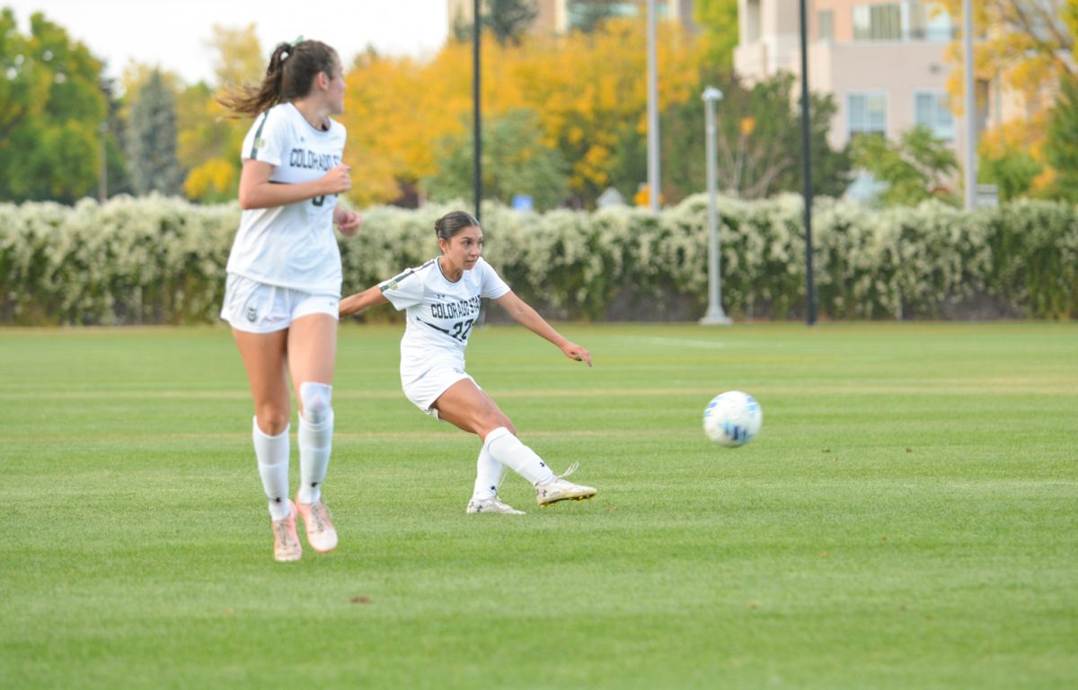 Mia Casey (#22) kicking the ball to her teammate Oct. 10. Colorado State University ties with Boise State 1-1.
