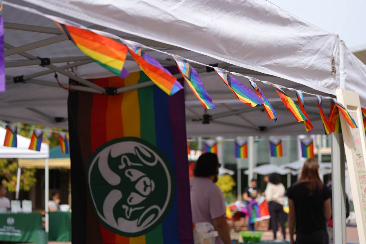 A tent stands with pride flags lining the edges and a Colorado State University pride flag in the middle.