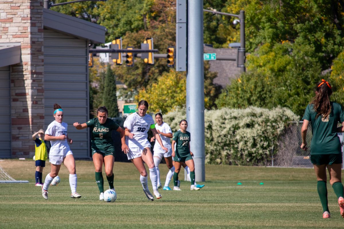 Two people chasing after a soccer ball.