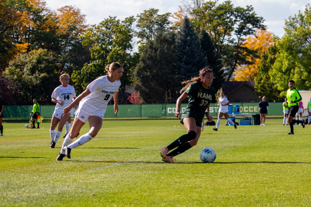 A soccer player kicking the ball.