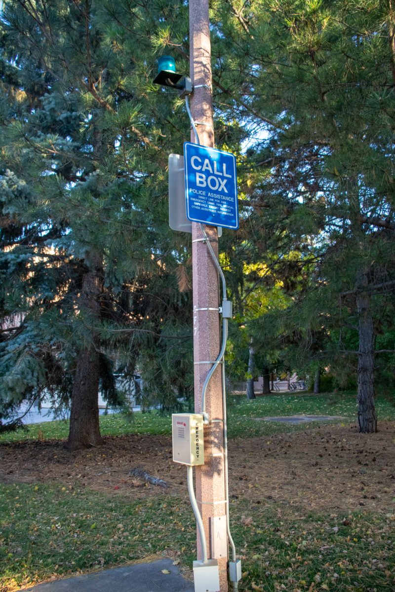 An image of a pole with a light and a blue sign with white text that says "Call Box".