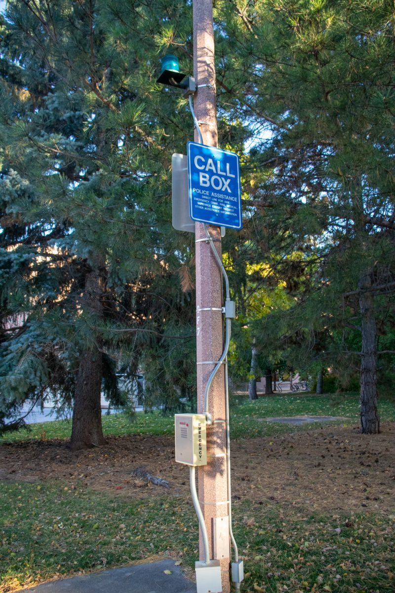 An image of a pole with a light and a blue sign with white text that says "Call Box".