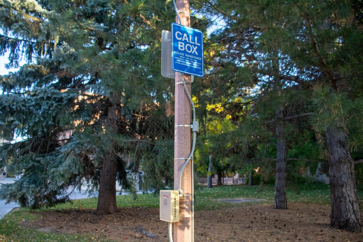 An image of a pole with a light and a blue sign with white text that says "Call Box".
