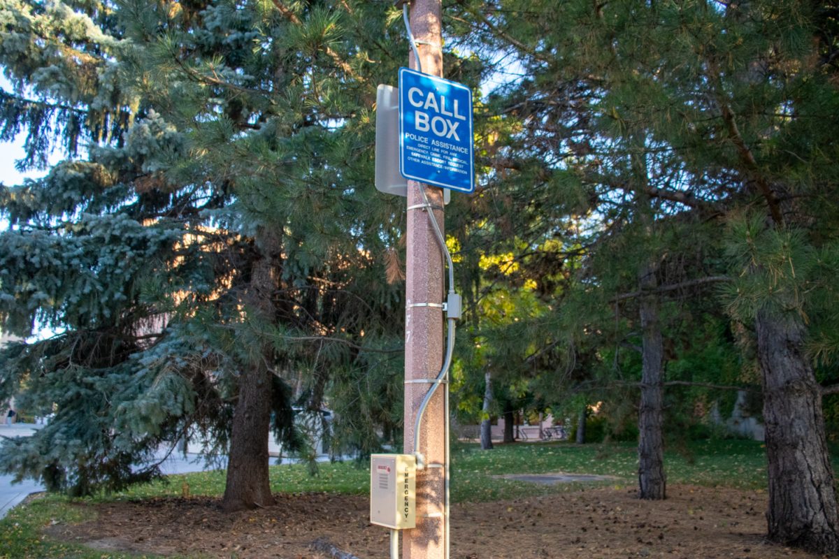 An image of a pole with a light and a blue sign with white text that says "Call Box".