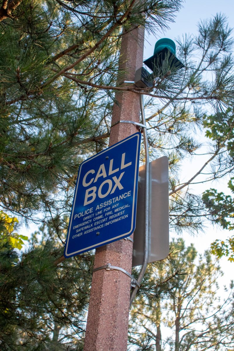 An image of a pole with a light and a blue sign with white text that says "Call Box".