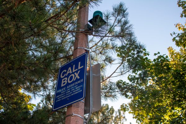 An image of a pole with a light and a blue sign with white text that says "Call Box".