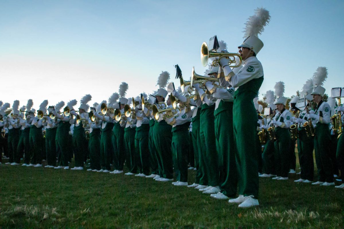College students stand in a formation holding instruments.