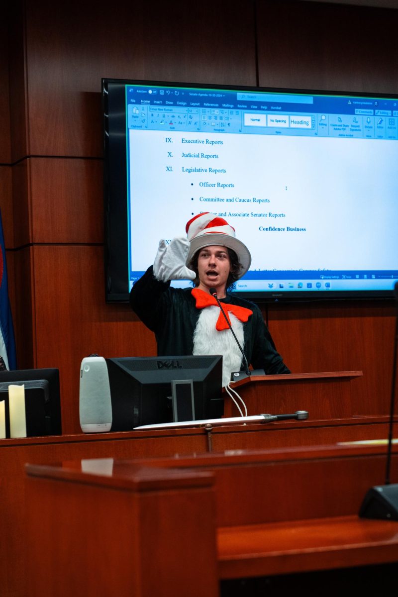 The Associated Students of CSU donned costumes in celebration of Halloween at senate Oct. 30. Student Body President Nick DeSalvo wore a Cat in the Hat costume to deliver his executive report to the senate. He closed out his rhyming presentation with an air high-five to the senators.