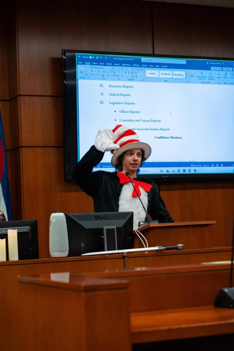 The Associated Students of CSU donned costumes in celebration of Halloween at senate Oct. 30. Student Body President Nick DeSalvo wore a Cat in the Hat costume to deliver his executive report to the senate. He closed out his rhyming presentation with an air high-five to the senators.