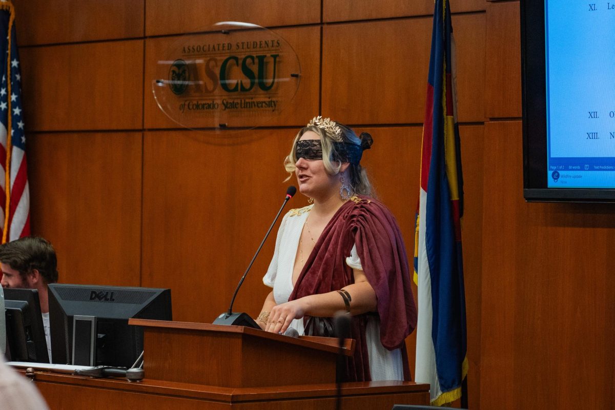 Associated Students of CSU senate parliamentarian Madeline Kamberg spoke to the senate wearing a costume reminiscent of Lady Justice, complete with a lace mask tied over her eyes. The ASCSU senate chambers were full of Halloween spirit Oct. 30 as several members attended the weekly senate session in costume. 