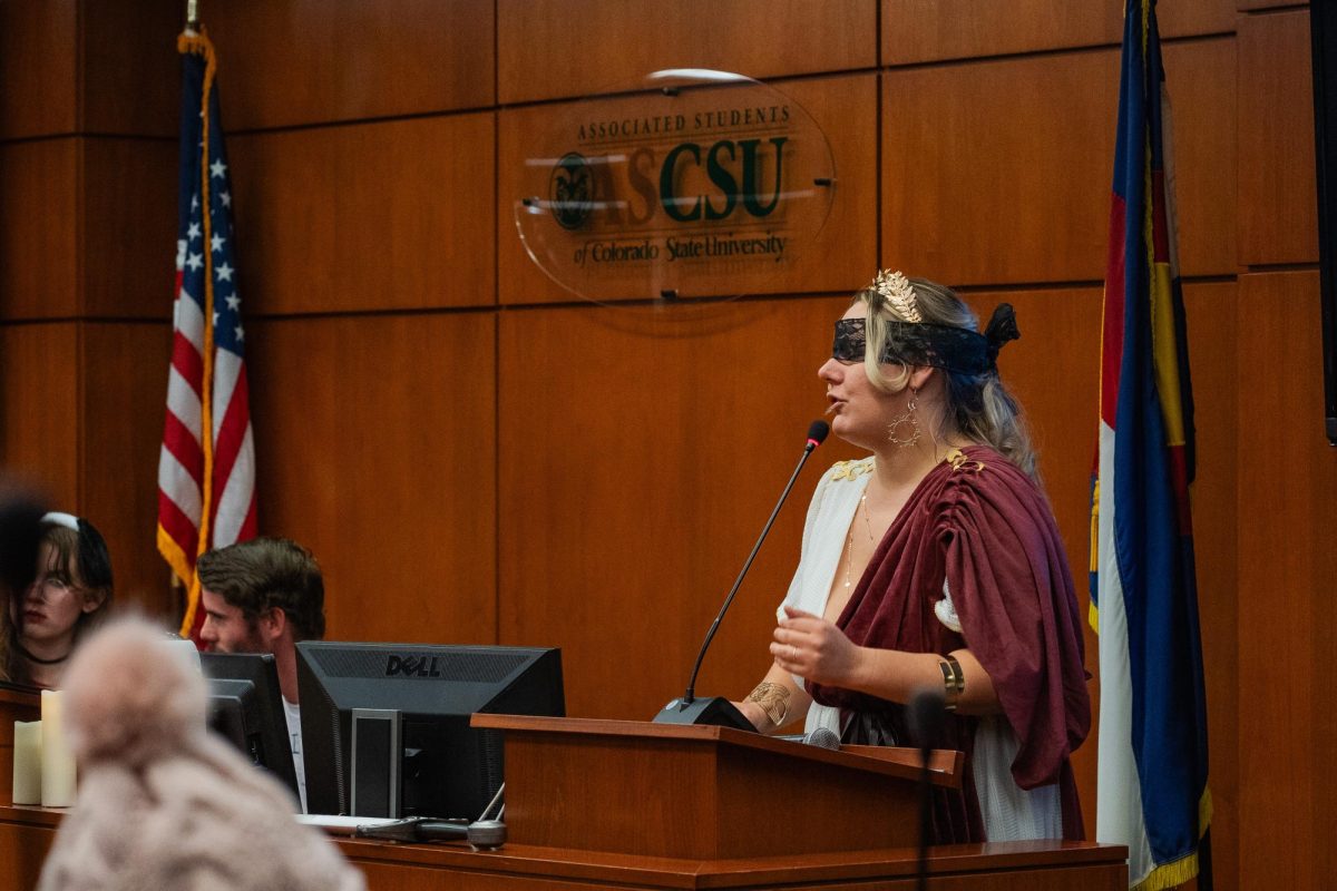 Associated Students of CSU senate parliamentarian Madeline Kamberg spoke to the senate wearing a costume reminiscent of Lady Justice, complete with a lace mask tied over her eyes. The ASCSU senate chambers were full of Halloween spirit Oct. 30 as several members attended the weekly senate session in costume. 