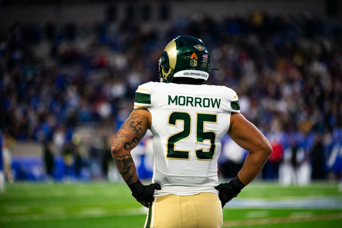 Viewed from behind, a football player in white and green with his hands on his hips looks out at a football field.