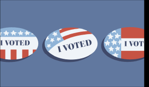 A line of pins decorated with American flag art that reads "I Voted" and behind the pins is a muted blue background.