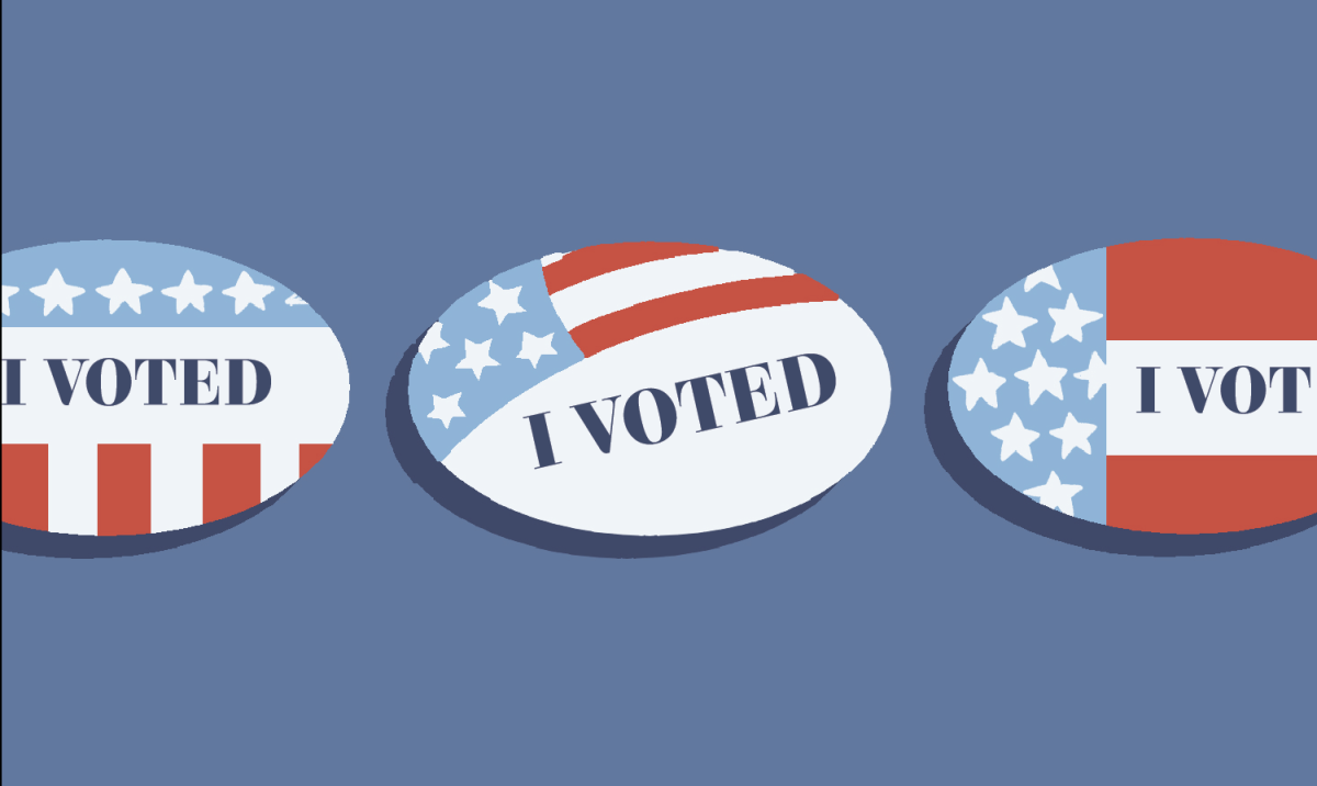 A line of pins decorated with American flag art that reads "I Voted" and behind the pins is a muted blue background.